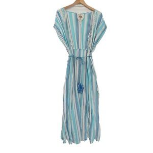 Z&L Swim Cover Up Maxi Dress Women S Blue White Tassel Tie Beach Resort Vacation